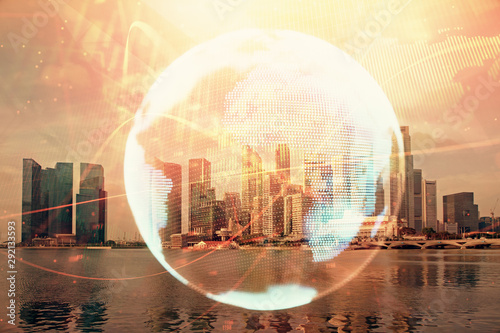 Double exposure of business theme hologram drawing and city veiw background. Concept of success.