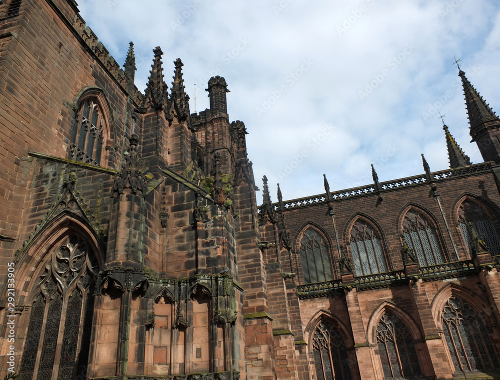 close up view of ornate medieval stonework on the historic chester cathedral