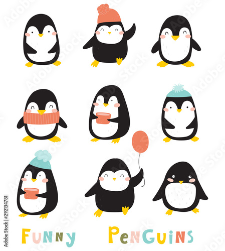 Funny cartoon penguins collection. Baby animals illustration