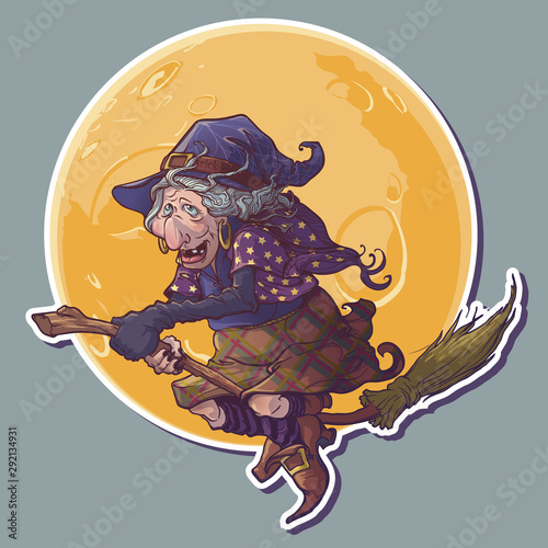 Halloween witch riding the broom Yellow moon on a background. Comic style intricate hand drawing. Halloween sticker. EPS10 vector illustration.
