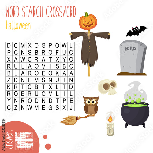 Halloween. Easy word search crossword puzzle, for children in elementary and middle school. Fun way to practice language comprehension and expand vocabulary. Includes answers.