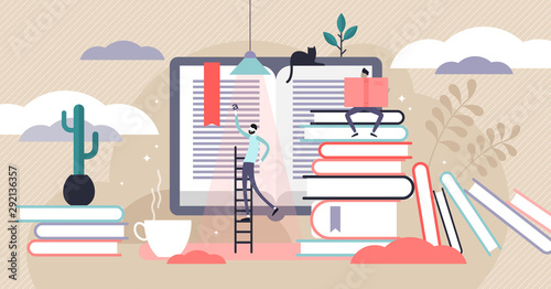 Reading vector illustration. Flat tiny paper book text study person concept