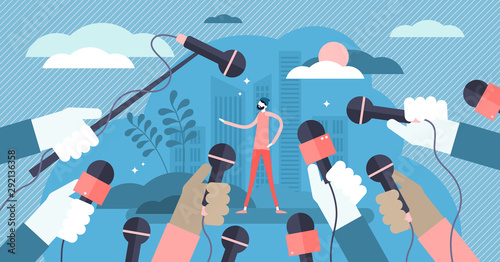 Press vector illustration. Flat tiny journalist interview persons concept.