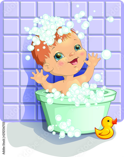 Happy baby taking bath with yellow duck toy and lots of foam bubbles. Adorable smiling child in bathroom. Vector character illustration
