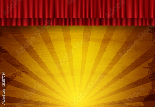 Background with red circus vintage curtain. Design for presentation, concert, show