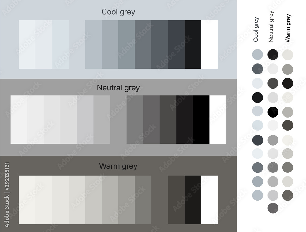 Vetor de Gray color tones trend 2019 set. Cool, neutral, warm grey set  smooth gradient from light to dark. Unique color palettes for designers and  architects. Design of interior, fashion harmony solutions.
