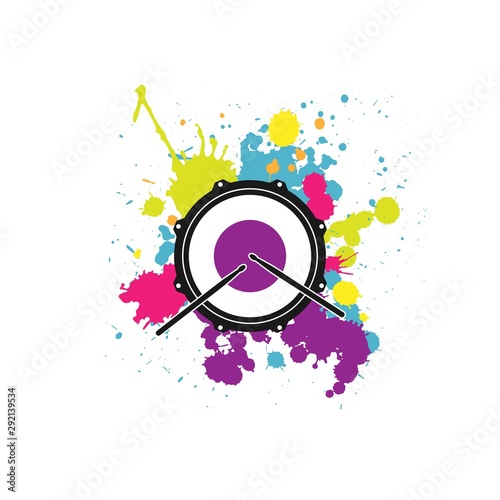 Vector logo of rock school or rock band. Snare drum with drumsticks and bright paint drops or splashes.