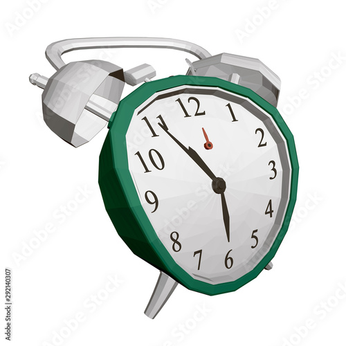 Curved alarm clock in cartoon style. Polygonal clock ringing loudly in the morning. 3D. Vector illustration.
