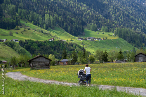 A man with stroller with beautiful landscape of alpine meadow and wild flowers in summer at stubaital valley near Innsbruck, Austria. photo