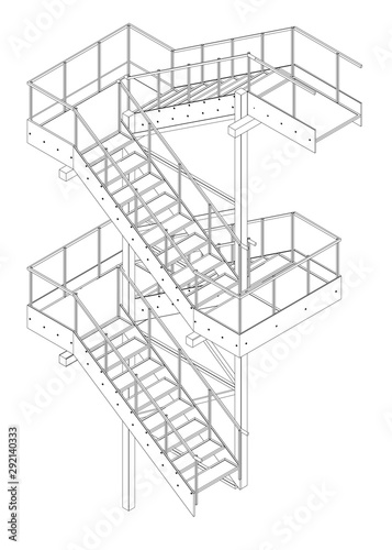 Contour of the fire escape. View isometric. Vector illustration.