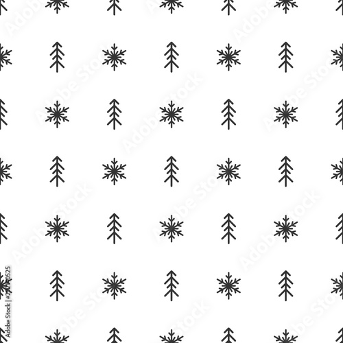black ornament with line fir-trees and snowflakes on white background. Forest blizzard.