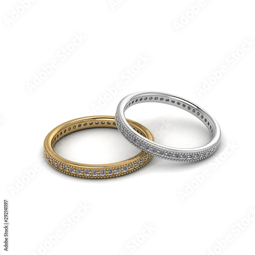 Gold and Silver with diamond wedding rings isolated white background-3D image