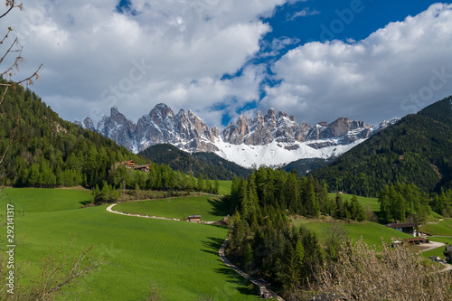Amazing landscape of val di funes in south Tyrol, Italy. Famous tourist spot at Santa Maddalena church with background of Dolomites rocky mountain.