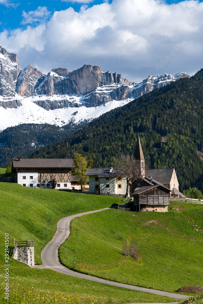 Amazing landscape of val di funes in south Tyrol, Italy. Famous tourist spot at Santa Maddalena church with background of Dolomites rocky mountain.