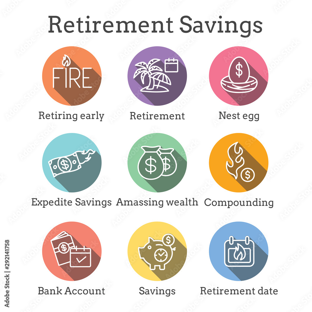 Retirement Savings Icon Set - money bags, nest egg, calendar and more Retirement Savings Icon Set - money bags, nest egg, calendar and more