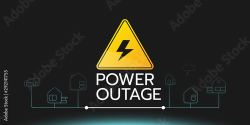 The power outage banner with a warning sign the one is on the black background with a slight blue glow also there are the outline icons of houses connect each other.