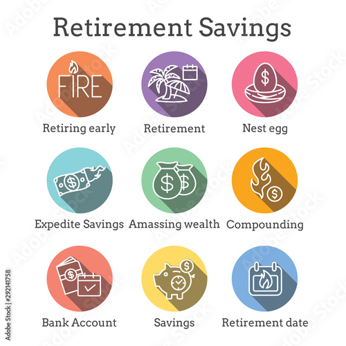 Retirement Savings Icon Set - money bags, nest egg, calendar and more