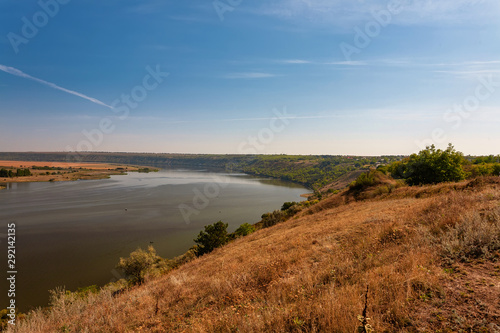Beautiful autumn landscape with a river in the early morning, The Dniester river in Moldova near the village of Molovata