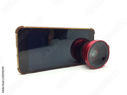 Luxury Red Metallic Selfie Lens with Macro Fish Eye Technology for Phone Camera Accessories in White Isolated Background