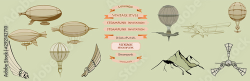 Steampunk frame vintage airship, girl banner