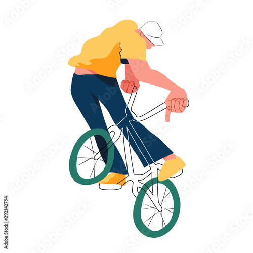 Guy on bmx, disproportionate flat with outlines vector illustration, isolated overexaggerated bicyclist on white background. Character people modern design.