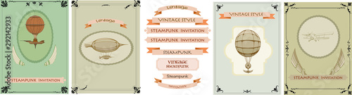 Steampunk frame vintage airship, girl banner