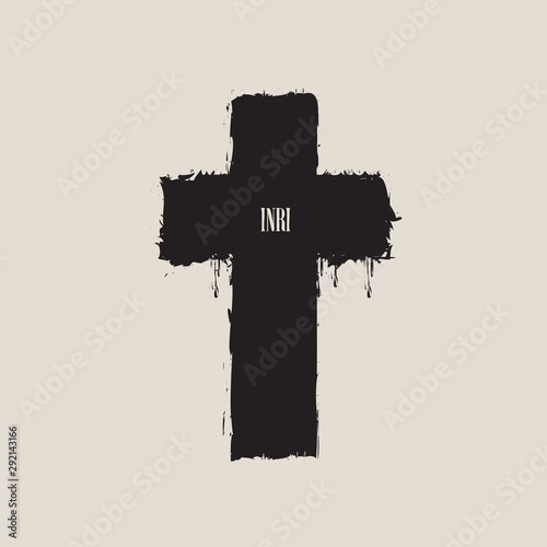 Vector banner or illustration on the religious theme. Abstract black cross with splashes, drips and inscription INRI