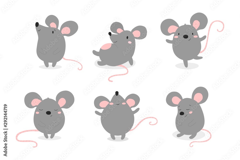 Set of cute funny mouses in different poses in cartoon style. Vector illustration.