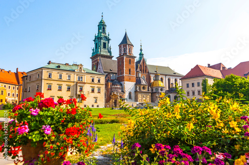 Summer view of Wawel Royal Castle complex in Krakow, Poland. It is the most historically and culturally important site in Poland. Flowers on a foreground © katatonia
