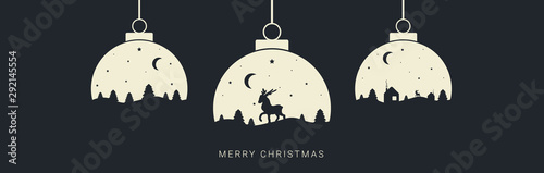 Christmas ball with winter landscape inside. Trees, deer and stars.