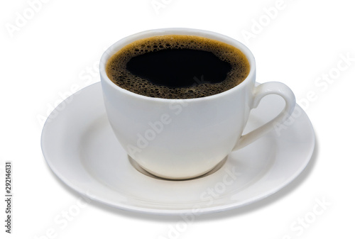 Hot fresh black coffee in a white cup with white plate isolated on white background. Clipping path.