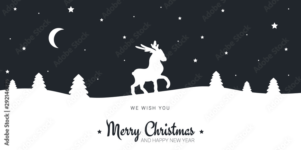 Merry Christmas and Happy New Year greeting card. Winter landscape with Trees, deer and stars.