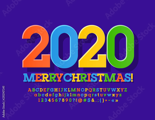Vector bright greeting card Merry Christmas 2020! Modern colorful Font. Trendy Alphabet Letters, Numbers and Symbols