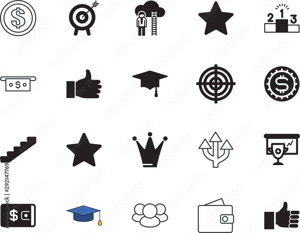 Plakat success vector icon set such as: metallic, authority, clouds, intersection, direction, championship, teamwork, image, shoot, friendship, lost, grad, sky, earn, golden, victory, hug, step, feeling