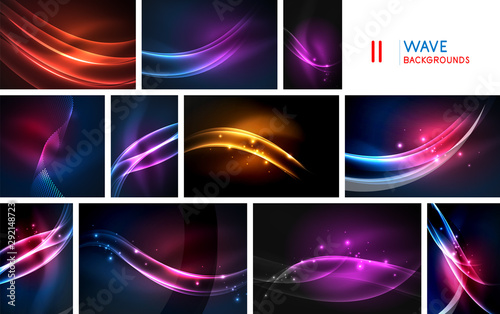 Set of wave lines, neon light abstract backgrounds, defocused blurred effect with flowing swirls in the black