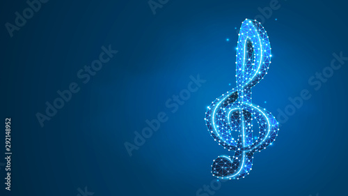 Treble clef. Music note, melody key, classic g-clef, festival poster or banner concept. Abstract, digital, wireframe, low poly mesh, vector blue neon 3d illustration. Triangle, line, dot