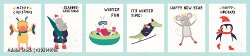 Collection of greeting cards with cute animals doing winter, Christmas activities, sparklers, tree, text. Hand drawn vector illustration. Scandinavian style flat design. Concept for children print.