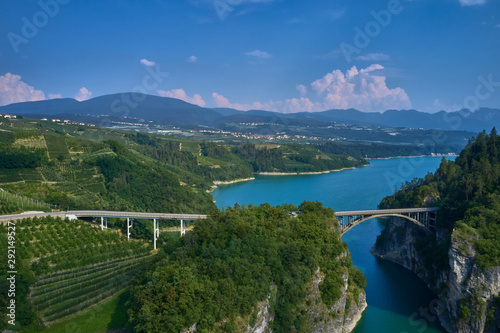 Fototapeta Naklejka Na Ścianę i Meble -  Aerial view Lake Santa Giustina, Castel Cles, bridge over the lake. North of Italy.