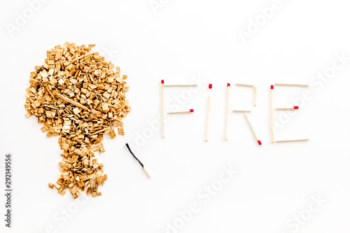 Symbol of fire in woods with tree from kindling and word fire from matches on white background top view