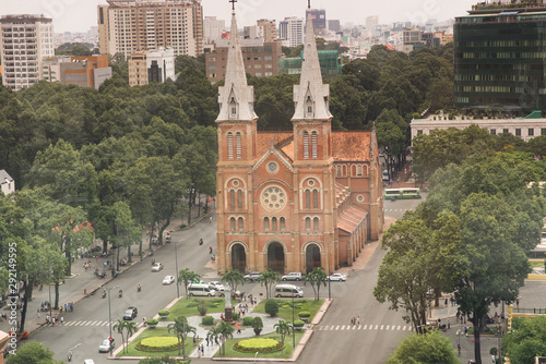 Beautiful aerial scenery of Notre Dame Cathedral Basilica in Saigon