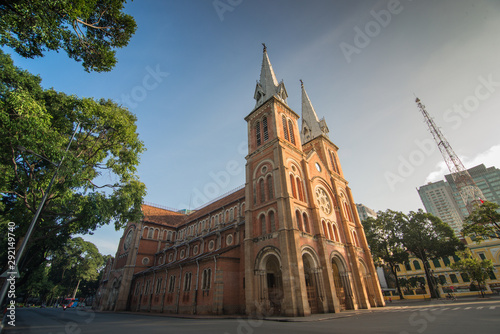 Notre Dame Cathedral Basilica Saigon under blue sky in morning photo