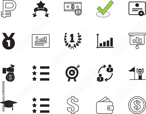 success vector icon set such as: honor, job, list, view, correct, rubl, american, coins, stamp, occupation, choice, cost, objective, gold, save, retail, arm, hold, round, clipart, triumph, avatar