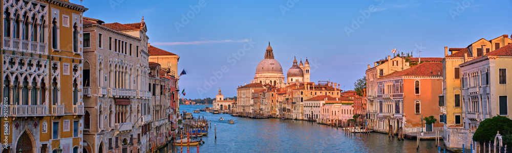 Panorama of Venice Grand Canal and Santa Maria della Salute church on sunset - obrazy, fototapety, plakaty 