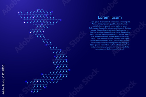 Vietnam map from futuristic hexagonal shapes, lines, points  blue and glowing stars in nodes, form of honeycomb or molecular structure for banner, poster, greeting card. Vector illustration.