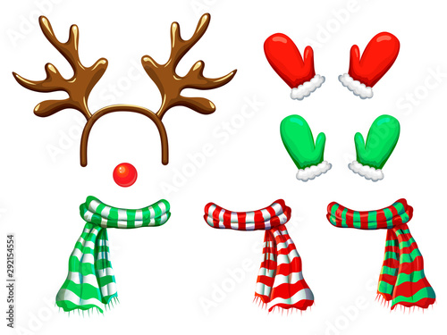 vector reindeer face template isolated on white. antlers headband red nose scarf and mittens for holiday design. Xmas cartoon reindeers mask and accessory. Christmas and new year photo booth and props