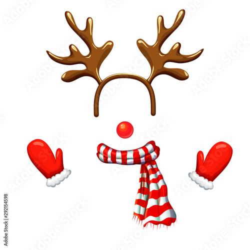 Funny christmas reindeer mask with antlers headband, red nose,striped scarf and mittens isolated on white background. reindeer face template. xmas costume. Christmas and New Year photo booth and props