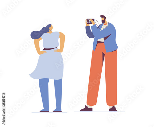 Photographer with camera making girl photo. Photographer taking picture of a girl. Flat vector characters