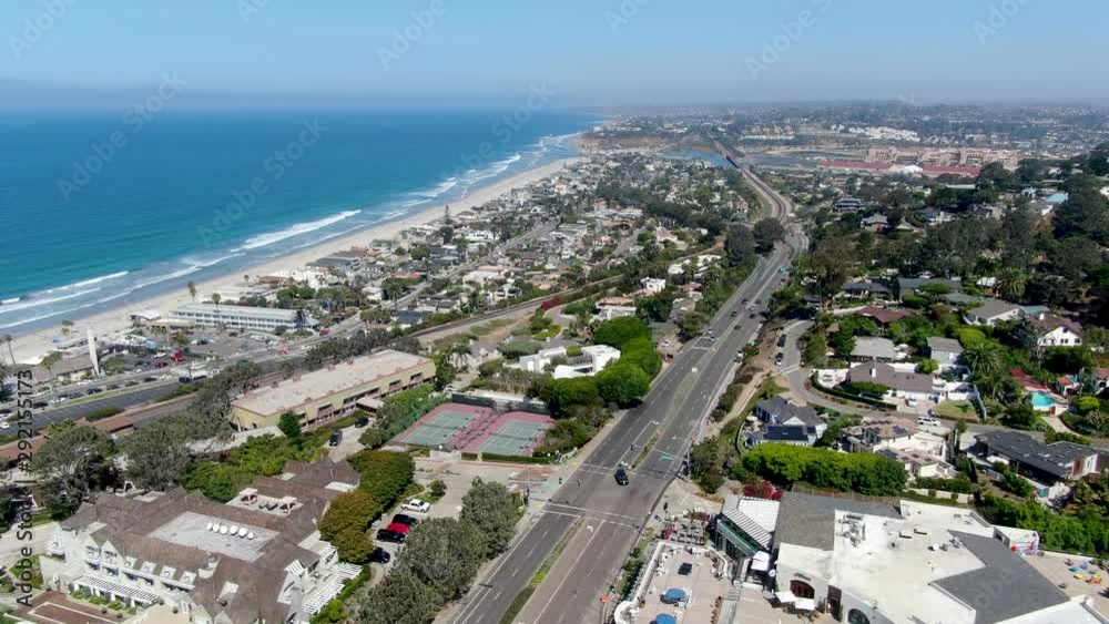 Aerial view of Del Mar coastline and beach, San Diego County, California, USA. Pacific ocean with long beach and small waves Aerial view of Del Mar coastline and beach, San Diego County, California, USA. Pacific ocean with long beach and small waves