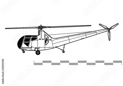 Sikorsky R-6 Hoverfly 2. Outline vector drawing