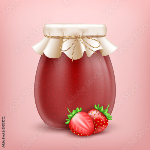 3d realistic strawberry jam jar with paper cover and fresh strawberries on pink background